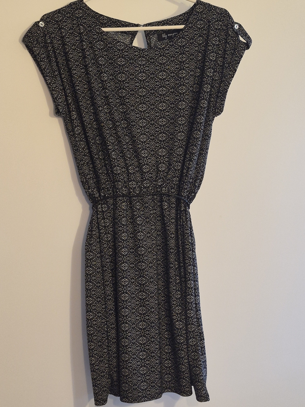 Black Geo-Print Midi Dress with Elastic Waist